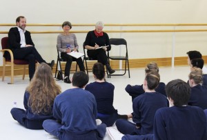 Kevin o'hare talkes to students, with choreography teachers kate flatt and jennifer jackson.