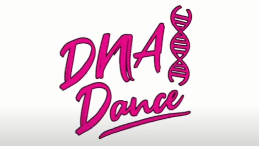 Pink graphic of the words 'dna dance' with a graphic of a dna chain