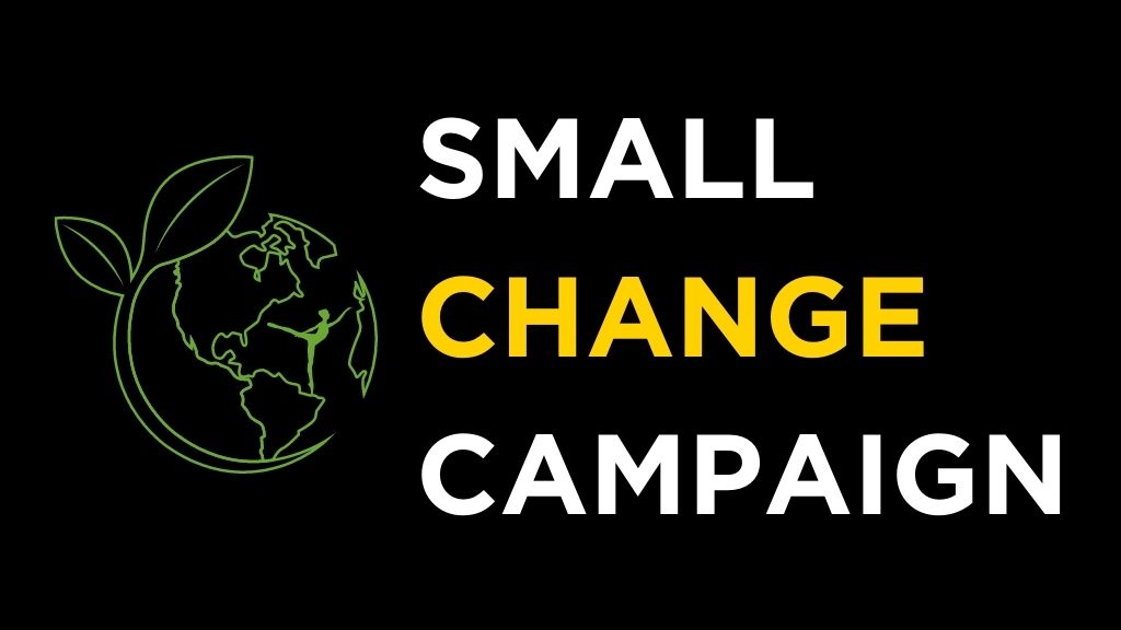 A graphic of earth with the text 'small change campaign' next to it in black and yellow.