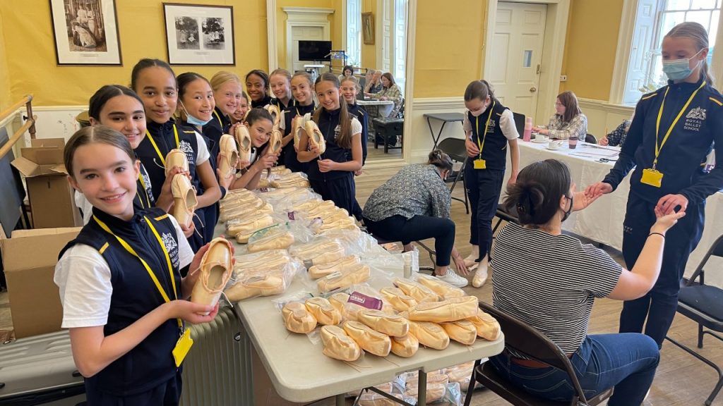 Year 7 girls having their pointe shoes fitted with Freed of London