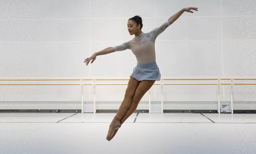 Marianna tsembenhoi jumping in the royal ballet school studios