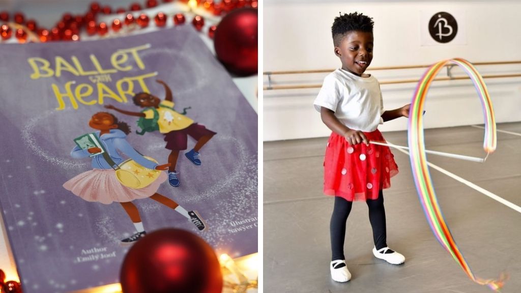 The front cover of the book ballet with heart showing two young black children dancing, and a young black boy wearing a red tutu and ballet shoes and waving a rainbow ribbon