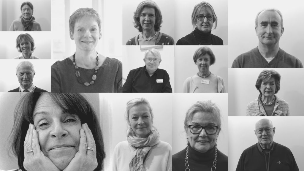 A collage of black and white portraits of people who volunteer at the royal ballet school