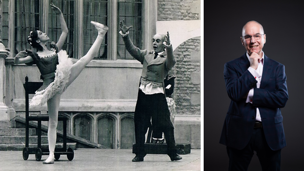 A collage of terry hyde and marylin trounson performing in coppelia coppelia at holland park and terry hyde standing and smiling before the camera