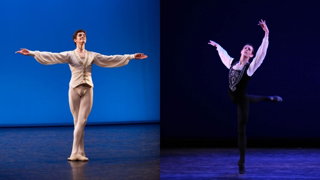 Reece clarke stands on stage in 5th position, dressed in light-coloured clothing, with his arms outstretched. On the right, william bracewell wears a dark costume with white shirt and holds an attitude position with his arms stretched upwards.