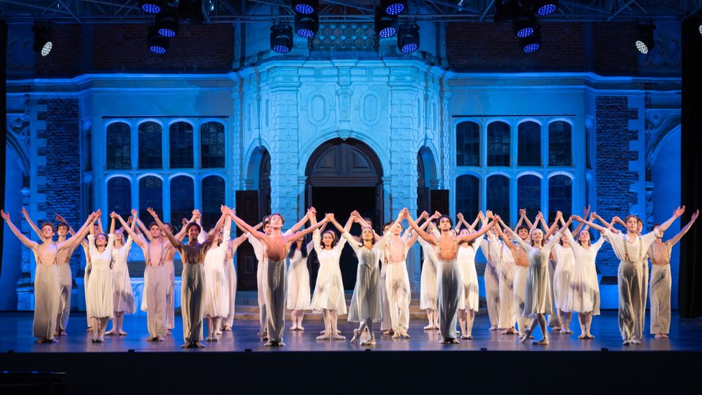 Upper school students take their bows after performing john neumeier's yondering