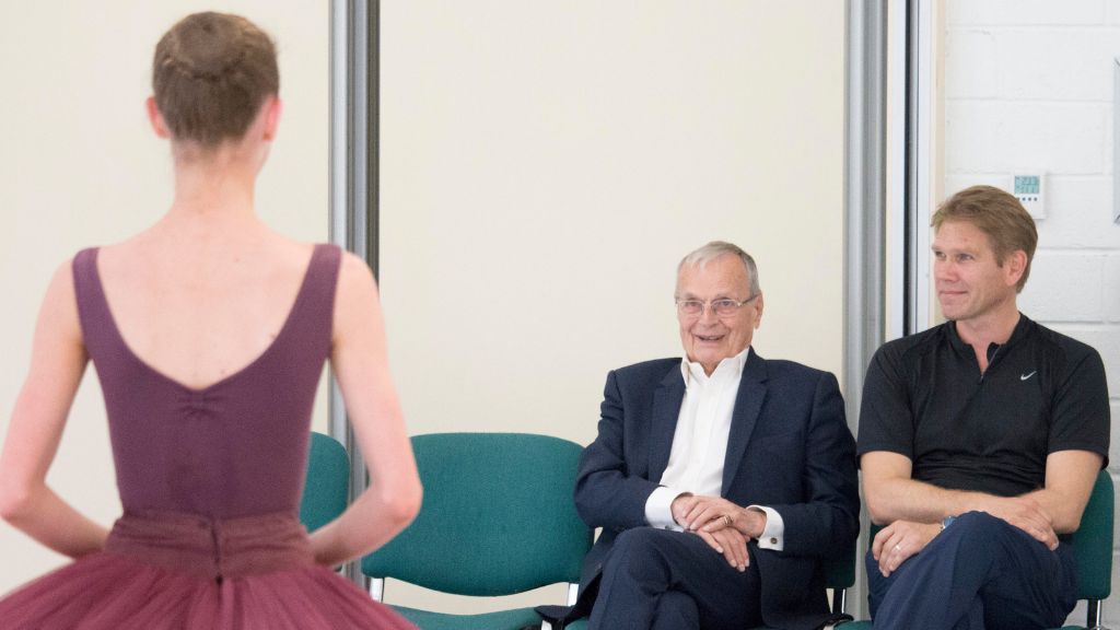 Sir peter wright with christopher powney and a student at the royal ballet school