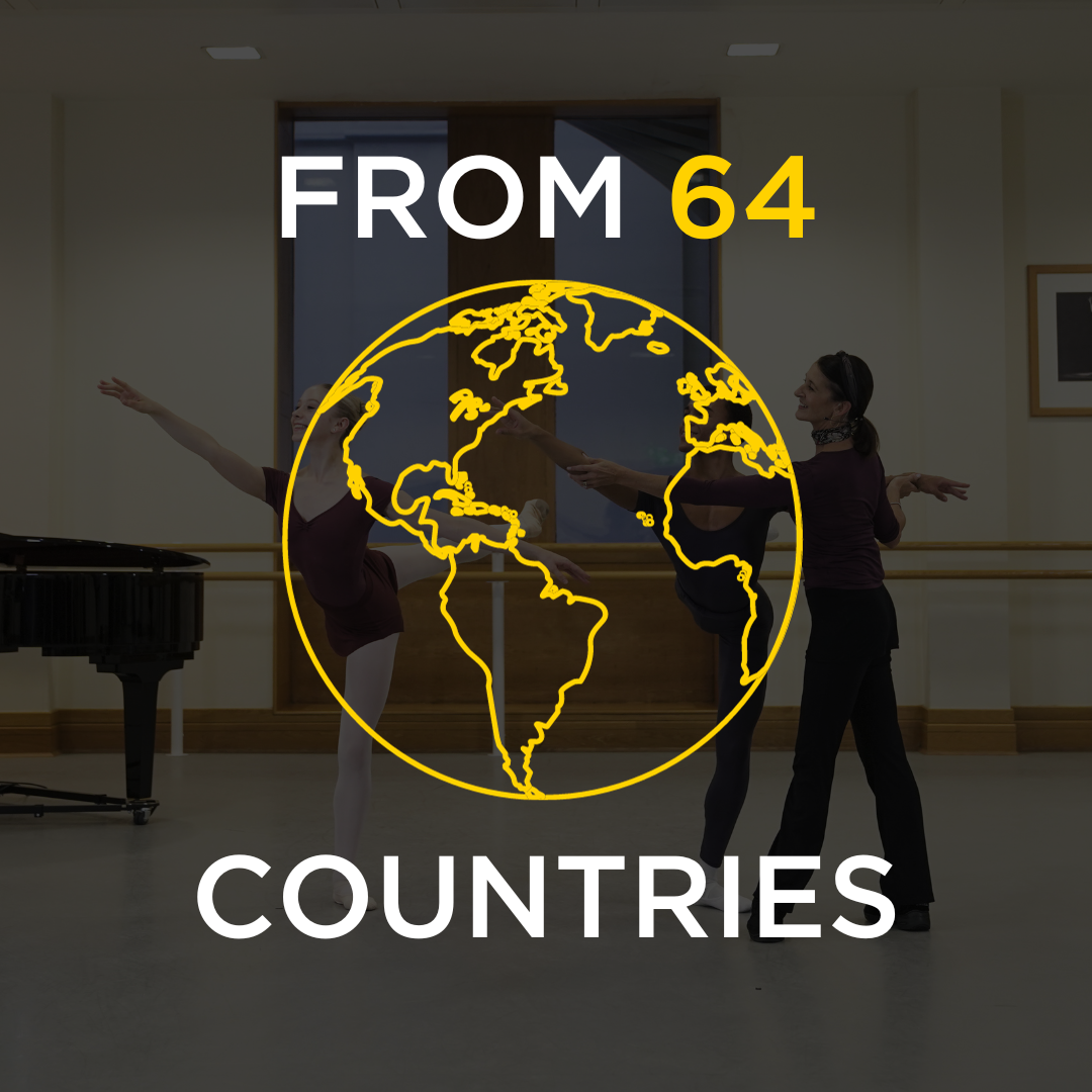 Image of students in ballet class with text displaying from 64 countries.