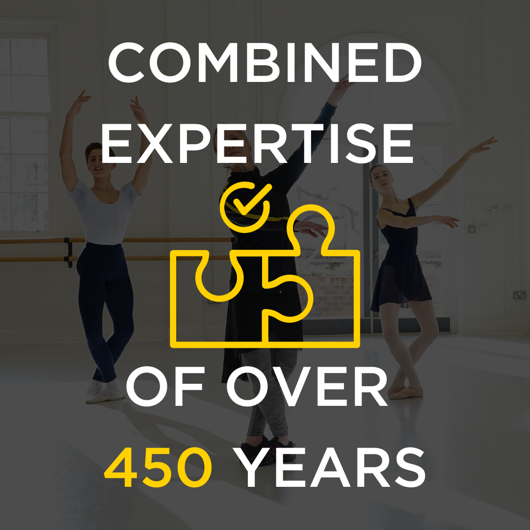Image of students in ballet class with text displaying 'combined expertise of over 450 years. '