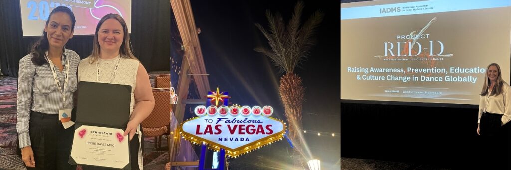 Left: Dr. Manuela Angioi with Dr. Rosie Davis after winning the Linda Hamilton Symposium Award Middle: a Welcome to Las Vegas sign Right: Former Head of Healthcare Karen Sheriff presenting Project RED-D