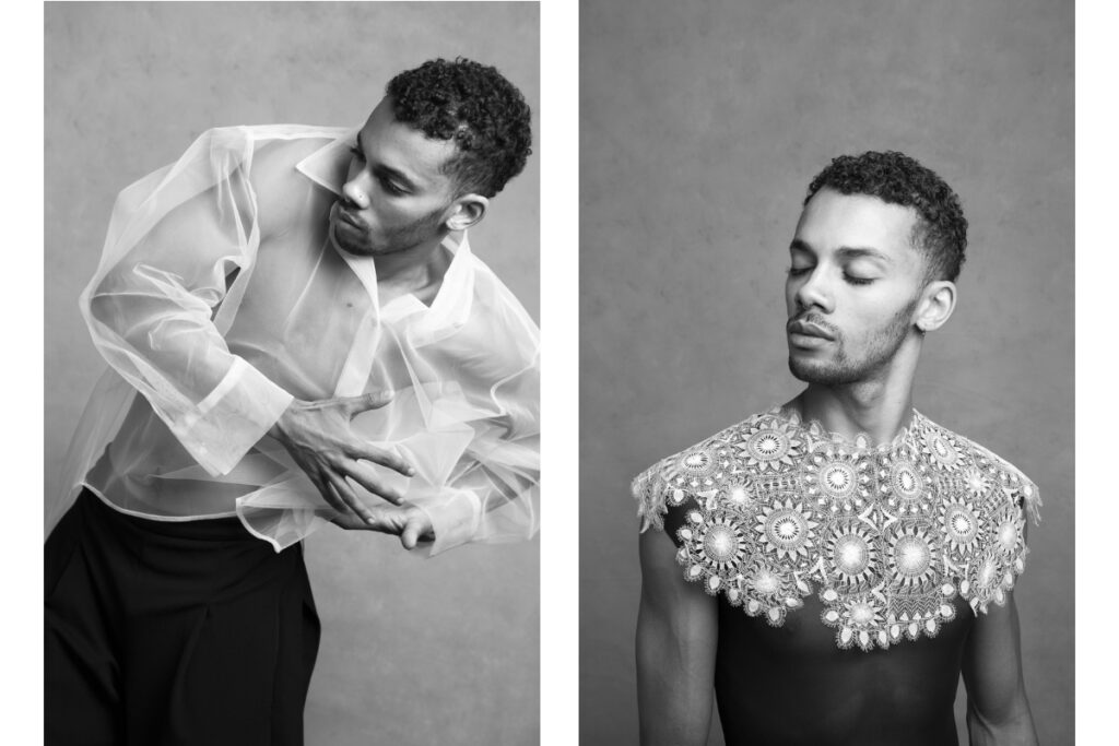 Kele roberson in black and white photos; left: mid motion in a flowy white shirt; right: looking to the right, eyes closed, wearing a black form-fitting top and a white lace neckpiece