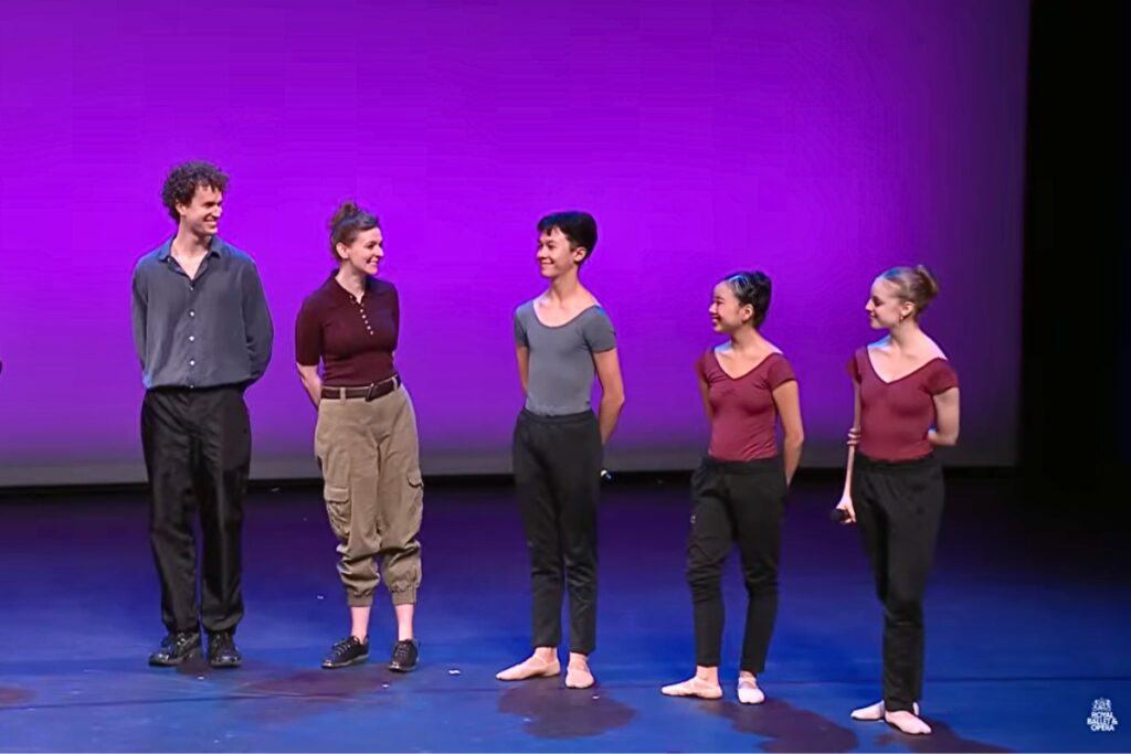 Robert, devon, lewis, anzu and gia stand in a line on the linbury stage.