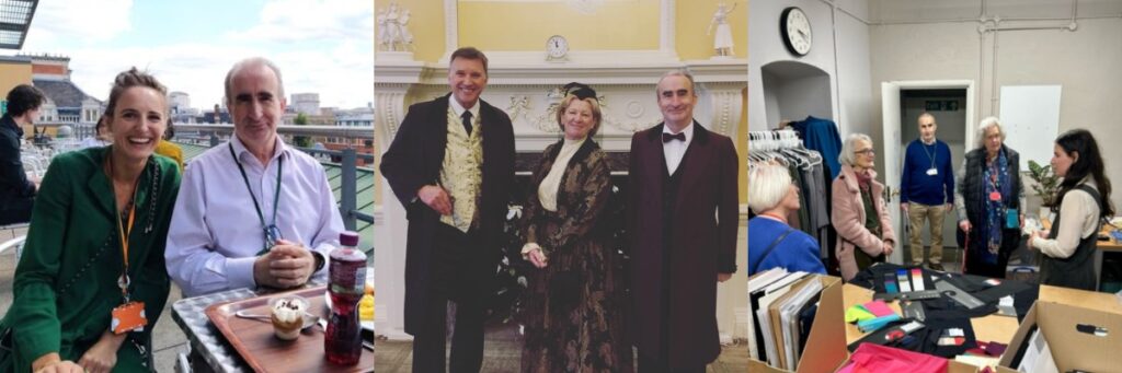 Ray standing with two other people, a man and a woman, wearing victoria costumes at a tea party at white lodge