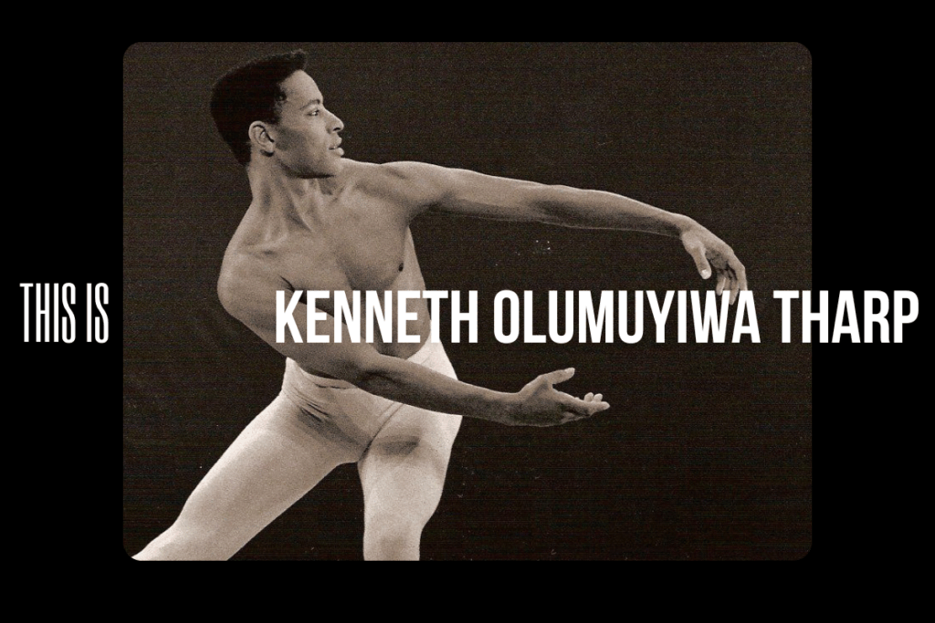 Black and white photograph of kenneth olumuyiwa tharp dancing shirtless with white leggings.