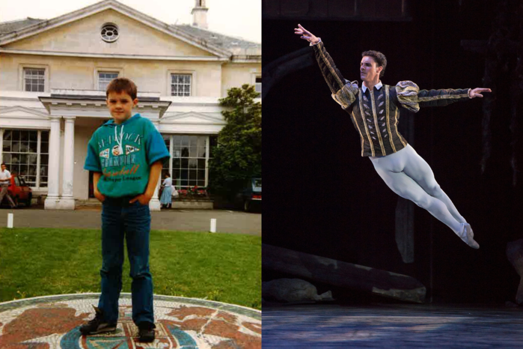 On the left, iain mackay as a young boy outside of white lodge before attending a summer intensive and on the right, iain mackay performing in white rights and a gold and black top as albrecht in giselle.