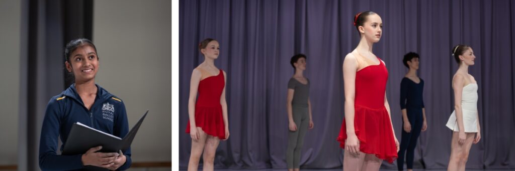 Anisha talking about her choreography in her school tracksuit; right - dancers in red, grey, navy and white costumes