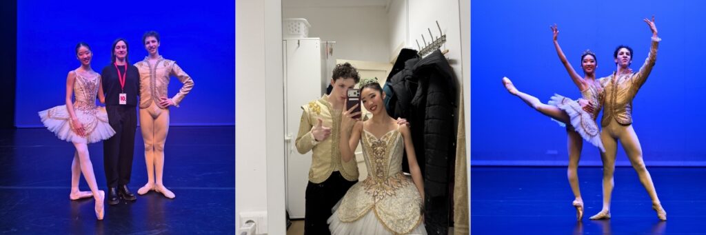 Right: sophia, ms clarke and julian on stage smiling at the camera; centre: julian and sophia take a mirror selfie backstage; right: sophia and julian pose during the performance. Sophia is in an attitude back with her right leg and her right arm raised. Julian holds her waist with his left arm raised and left leg in a tendu side.