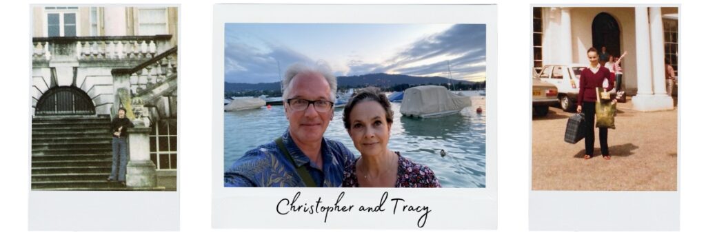 Love after the lodge: four alumni share their love stories for valentine's day Left - christopher poses on the steps of white lodge. Centre- christopher and tracy saunders smile in a selfie taken in front of a body of water. Christopher wears glasses and a blue shirt. Tracey has short hair and a purple floral shirt. Right - tracy poses in front of white lodge holding a suitcase and a bag full of personal items.
