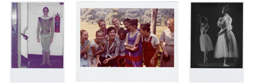 Love after the lodge: four alumni share their love stories for valentine's day Left - christopher in costume in a stairwell; centre - a group of students laugh in richmond park; right - tracy performing giselle in costume in a black and white photo.