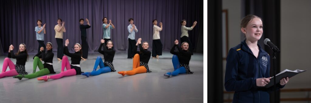 Left - female dancers wear multicoloured tights and black tops while male dancers wear multicolour tops and black bottoms; right - filippa talks to the audience