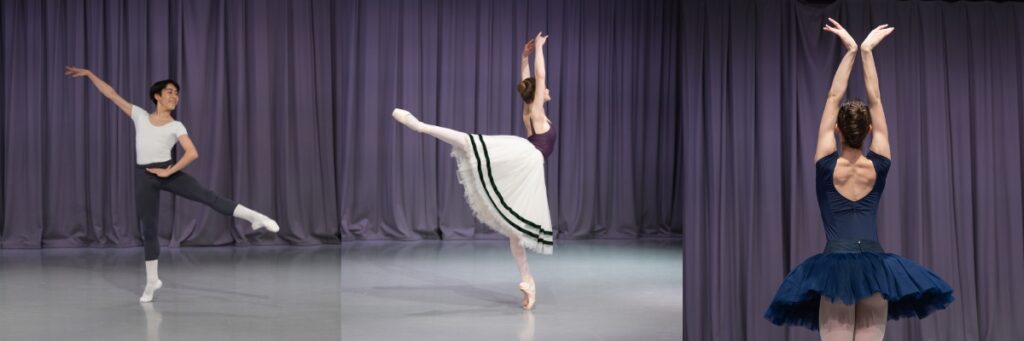Right - eita in a white top and grey tights poses with his left leg to the side; centre - jolie in an arabesque on point; right - bella from the back with her arms raised in a swan pose