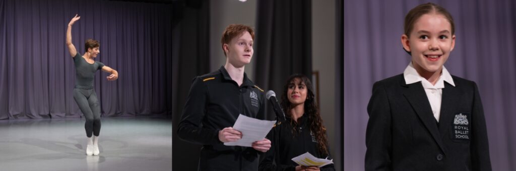 Left - ruben in a grey uniform performing a solo from fancy free; centre - harry and maria addressing the audience; right - lettie smiling to the audience