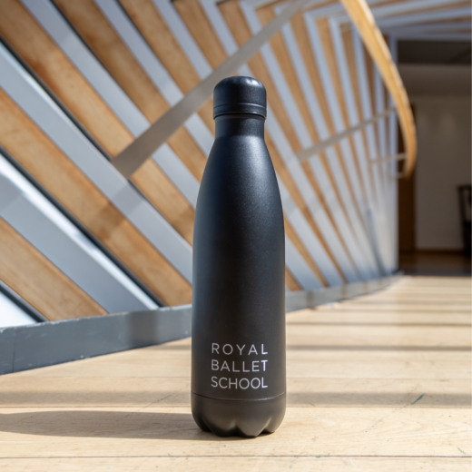 Black centenary water bottle from The Royal Ballet School, with text 'Royal Ballet School'.