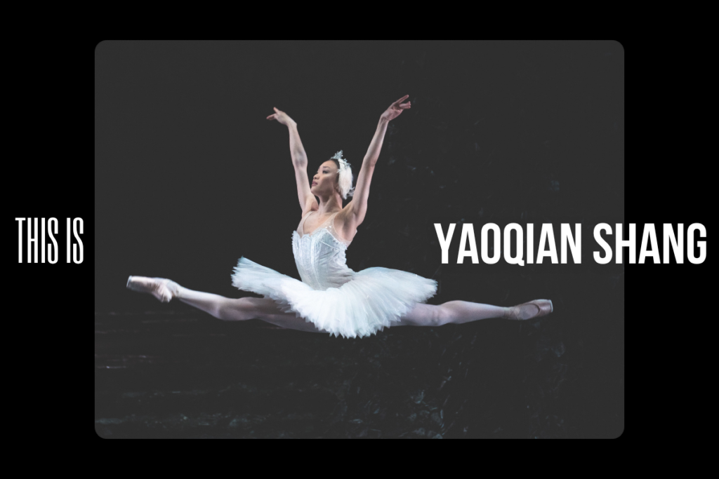 Yaoqian shang as odette in swan lake leaping through the air.