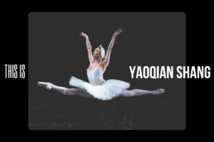 Yaoqian shang as odette in swan lake leaping through the air.