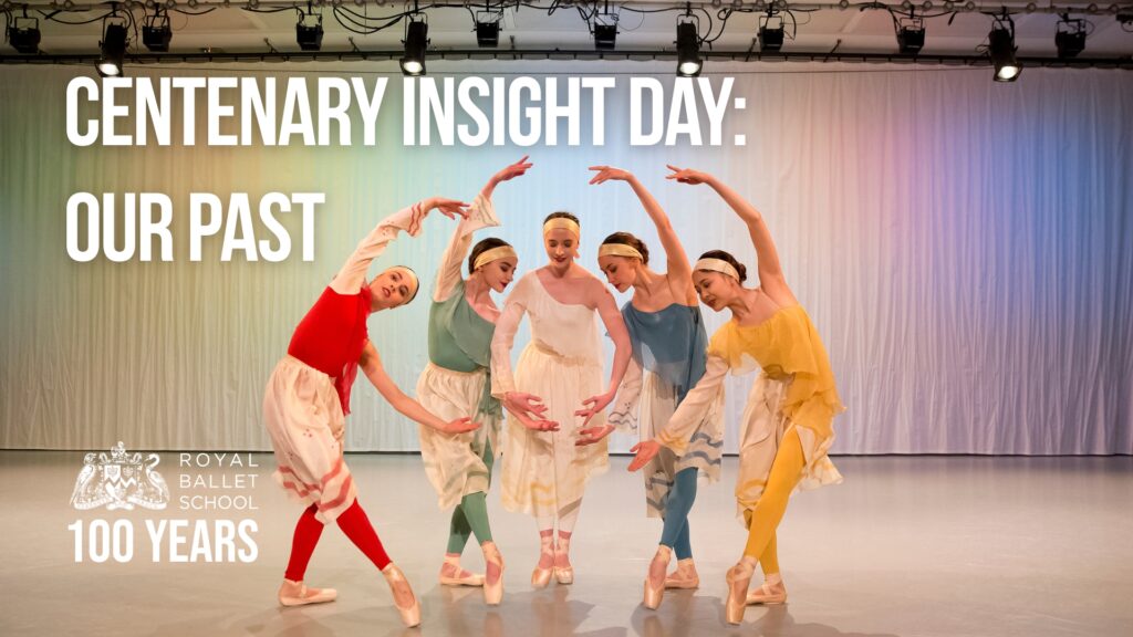 An image from the 2011 performance of the arts of the theatre. Dancers wear tunics in red, green, white, blue and yellow with shiny light golden headbands. Their leggings match their respective tunic colours, and they wear shiny pointe shoes without tights.
