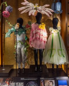 Three cinderella fairy page costumes are on display with the fourth spot on the left still empty. From left to right: a grey top and trousers are covered in green oversize holly leaves; a pink short dress with white, yellow and pink ruffles plus an oversized pink flower above the head like an umbrella; a white fluffy tulle dress with white flowers on the neckline and green ribbons streaming down the front like stems
