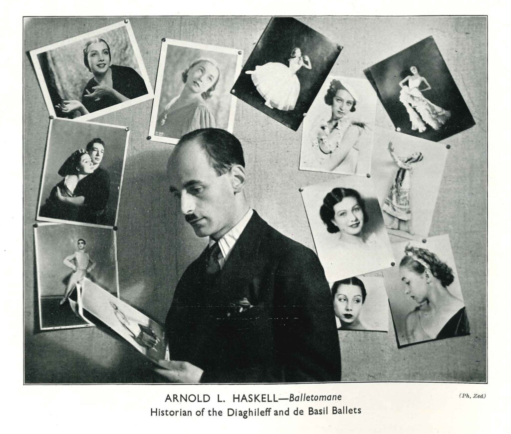 100 stories - arnold haskell Arnold reads a book in front of a wall of images of female dancers and headshots.