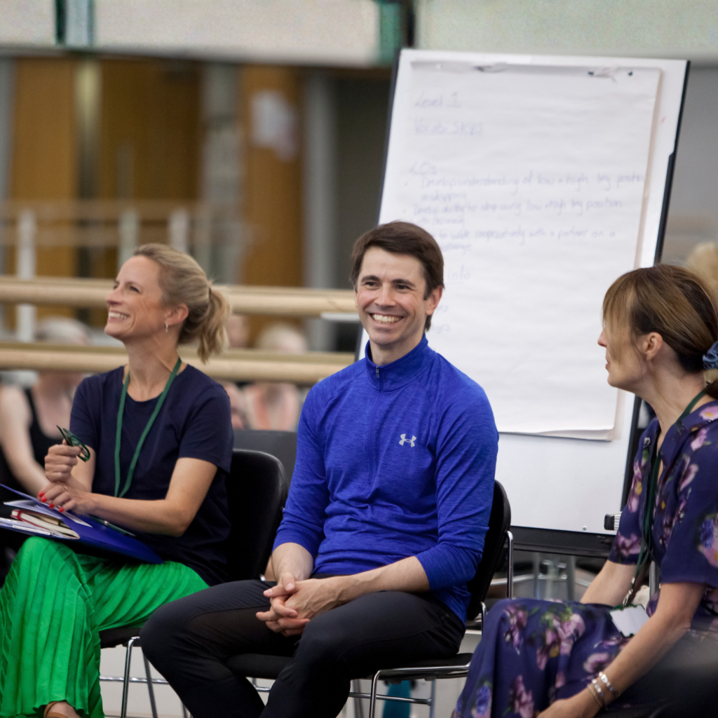 Affiliate programme An image taken from the royal ballet school's affiliate programme, showing teachers laughing during a teaching session.