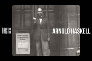 Arnold stands in front of the new sadler's wells ballet school location at barons court.