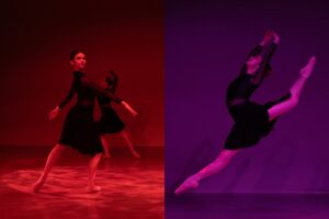 Two images sit side by side. On the left, an intense red light illuminates the stage. Two dancers mirror each other in their poses. The female dancer in the foreground stands on her left leg in a soft plie with her right leg extended in a tendu back. Her left arm is extended low to the back and her right arm low to the front. She turns her head right to look at the audience. On the right, a purple light illuminates the stage. A female dancer jumps in a firebird jump with her arms up in fifth. Both wear long sleeve black turtle neck leotards with power mesh on the sleeves and across the torso. They wear pointe shoes that match their skin tone.