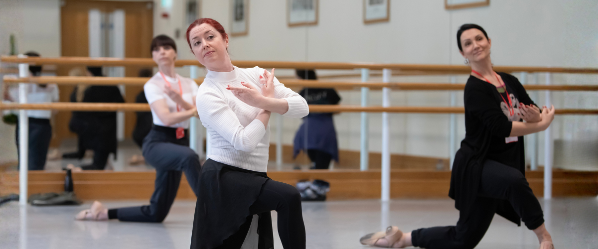 Teacher training Adult students at the inspire seminars taking place at the royal ballet school in covent garden. In this image they are dancing.