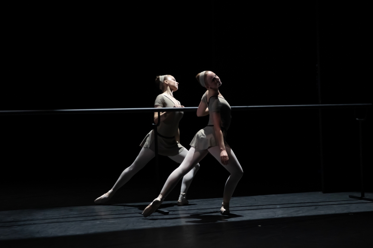 Two female dancers stand mirroring each other holding a barre. They lunge with the outside leg bent and forward with an extended leg to the back, both turned out. They tilt their heads away from the barre. They wear sepia grey leotards and wide headbands with pink tights and pointe shoes.