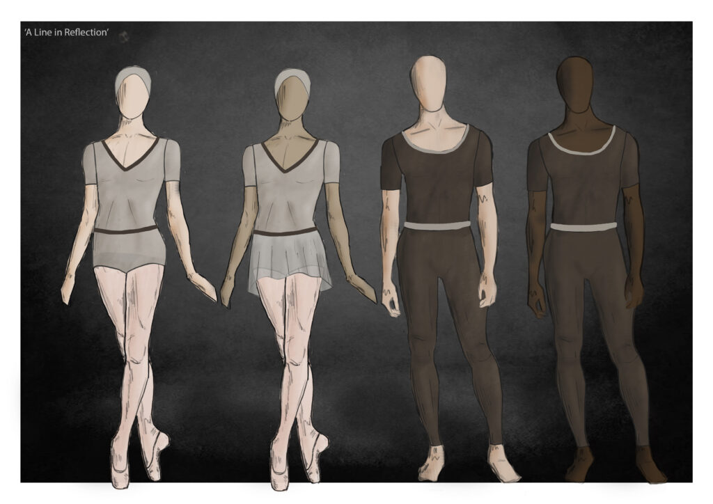 Alum louise flanagan on designing the costumes for cathy marston’s a line in reflection A digital art sketch of two female dancers and two male dancers. The female dancers wear beige leotards with matching short skirts, both with a dark brown trim. The male dancers wear dark brown unitards with beige trim and belt.