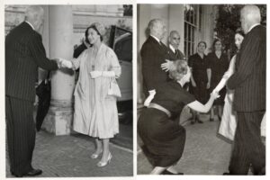 Left: lord soulbury shakes princess margaret's hand. Right: ninette de valois curtsies in a black dress while shaking princess margaret's hand and smiling up at her. Lord soulbury wears a black suit. Princess margaret wears a light coloured tea-length dress and coat with a pillbox hat.
