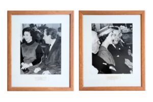 Two black and white images of princess margaret sitting next to sir frederick ashton in the barons court studios that she opened. They smile as they watch the dancers out of frame.