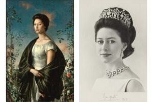 Left: a vibrant painting of princess margaret wearing a soft white cap sleeve dress with lots of ruching and a black fabric coat draped heavily over her right shoulder. Her right hand crosses in front of her to hold the other side of the fabric. Pink roses and green leaves emerge from the bottom and sides against a blue sky with light pink clouds. Right: a black-and-white portrait of princess margaret wearing a large tiara with her hair poufed up. She also wears a large jewel necklace and a white high-neck boatneck top.