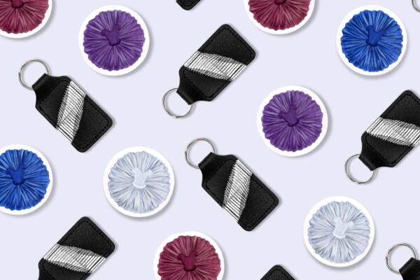 Colourful keychains and decorative coasters.
