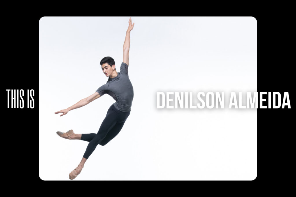100 stories: denilson almeida Denilson almeida 100 stories cover image - denilson jumps in front of a white backdrop. His upper body is tilted to the right with his right arm extended straight to the side and his left arm up on a high diagonal. His right leg is extended on a diagonal down to the right, and his left leg his crossed behind at the knee and bent.